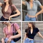 Short-sleeve V-neck Plain Slim-fit Cropped Top