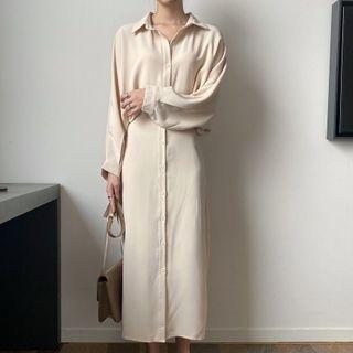 Long-sleeve Plain Button-up Loose Fit Long Dress