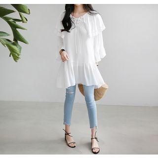 Long-sleeve Lace-up Front Frilled Mini Dress