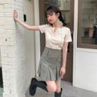 Short-sleeve Henley T-shirt / Pleated Mini A-line Skirt