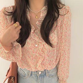 Long-sleeve Floral Print Blouse Red Floral - White - One Size