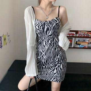 Zebra Print Spaghetti-strap Mini A-line Dress / Cropped Cardigan