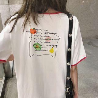 Contrast-trim Printed Elbow-sleeve T-shirt White - One Size