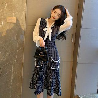Long-sleeve Plaid Panel Neckerchief Midi Dress