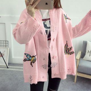 Embroidered Ripped Chunky Cardigan