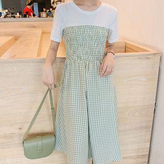 Mock Two-piece Checked Short-sleeve Midi A-line Dress