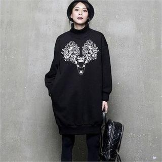Fleece-lined Turtle-neck Printed Pullover