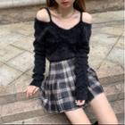 Couple Matching Cold Shoulder Sweater / Plaid Mini A-line Pleated Skirt