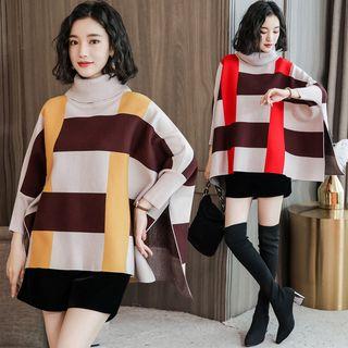 Turtleneck Color Block Knit Poncho