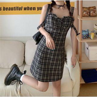 Spaghetti Strap Plaid Blouse / Mini A-line Dress