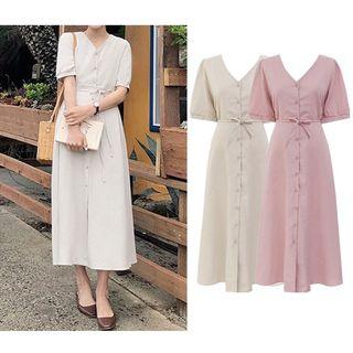 Plain V-neck Linen Short-sleeve Dress