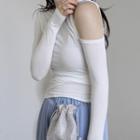 Long-sleeve Asymmetric Shoulder Tee / High-waist Plain Pants