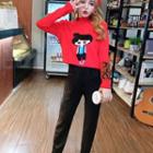 Cartoon Print Sweater/ Cropped Straight-fit Pants/ Set