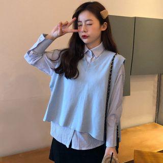 Pinstripe Shirt / Side-slit Knit Vest