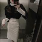 Long-sleeve Lace Top / Elbow-sleeve Velvet Top / Midi Fitted Skirt