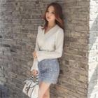 Collarless Ruffle-cuff Faux-pearl Buttoned Blouse