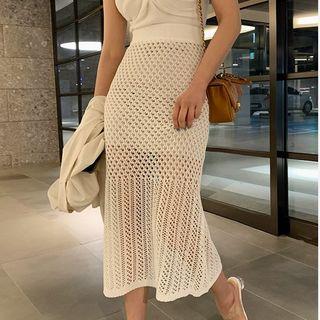 Pointelle Knit Midi Pencil Skirt