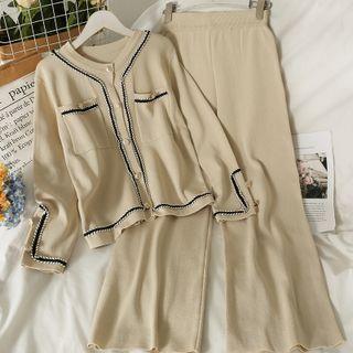 Set: Crew-neck Loose Cardigan + Wide-leg Pants