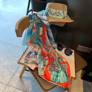 Printed Satin Scarf Light Blue & Red - One Size