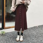 Buttoned Pleated Midi Knit Skirt