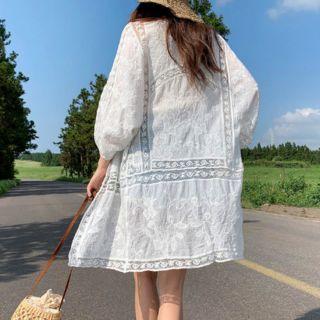 Open-front Eyelet-lace Robe Cardigan Ivory - One Size