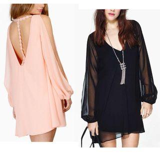 Plain Open-back Embroidered Long-sleeve Dress