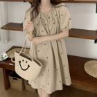 Puff-sleeve Flower Embroidered Smock Dress Almond - One Size