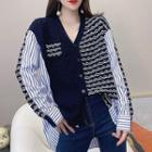Long-sleeve Striped Panel Printed Knit Sweater
