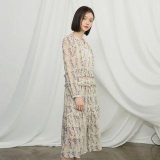 Open-placket Frilled Floral Long Dress With Slipdress