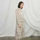 Open-placket Frilled Floral Long Dress With Slipdress
