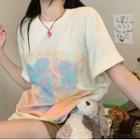 Short-sleeve Printed T-shirt Light Tangerine & Blue & Pink & White - One Size