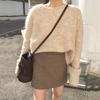 Plain Sweater / Plaid Mini Fitted Skirt