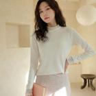 Plain Mock-neck Lace-trim T-shirt