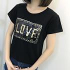 Short-sleeve Sequined Lettering T-shirt