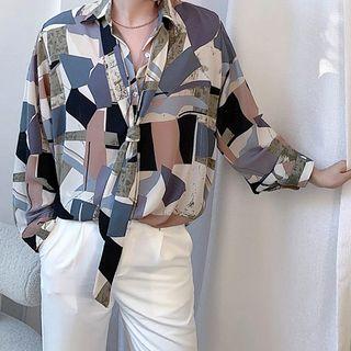 Tie-neck Geometric Print Shirt