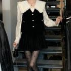 Velvet Button-up Vest / Wide Collar Blouse / Mini A-line Skirt