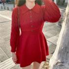 Puff-sleeve A-line Knit Dress Dress - Red - One Size