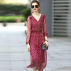 Elastic-waist Patterned Silk Midi Dress
