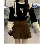 Cold Shoulder Bow Sweater / Corduroy Mini A-line Skirt