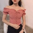 Lace-up Off-shoulder Short-sleeve Gingham Blouse