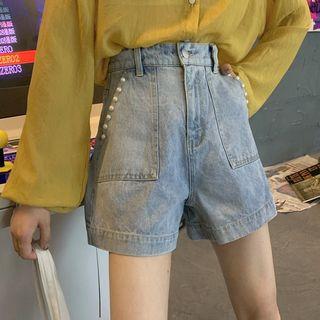 Faux Pearl Trim Wide-leg Denim Shorts