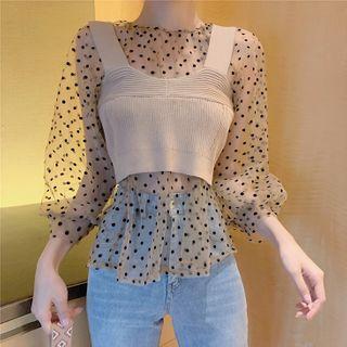 Puff-sleeve Dotted Top Dot - Almond - One Size