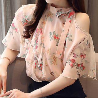 Floral Print Cold-shoulder Ruffle Chiffon Blouse