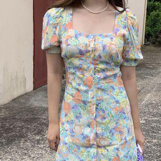 Short-sleeve Floral Print A-line Dress Orange Flowers - Green - One Size