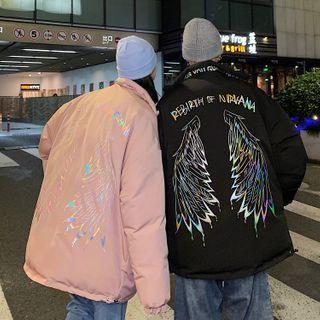 Wings Printed Lettering Glitter Padded Coat
