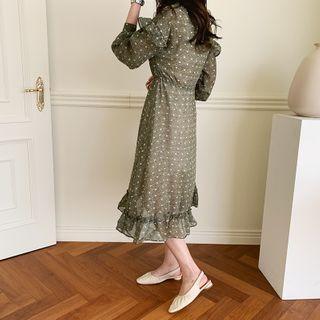 Frill-trim Floral Chiffon Dress Green - One Size