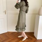 Frill-trim Floral Chiffon Dress Green - One Size