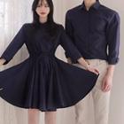 Couple Matching Plain Shirt/ Lace Panel Long-sleeve A-line Shirt Dress