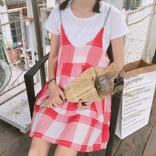 Set: Short-sleeve Top + Spaghetti Strap Plaid Mini Dress