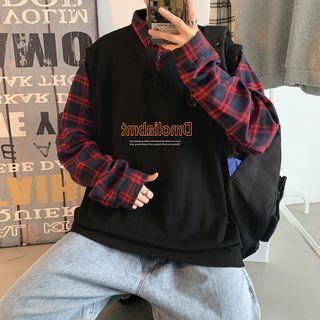 Mock Two-piece Plaid Panel Lettering Sweatshirt